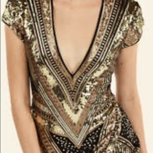Express Dress, black w/gold sequins, short sleeve, v-neck. Never worn, w/tags.